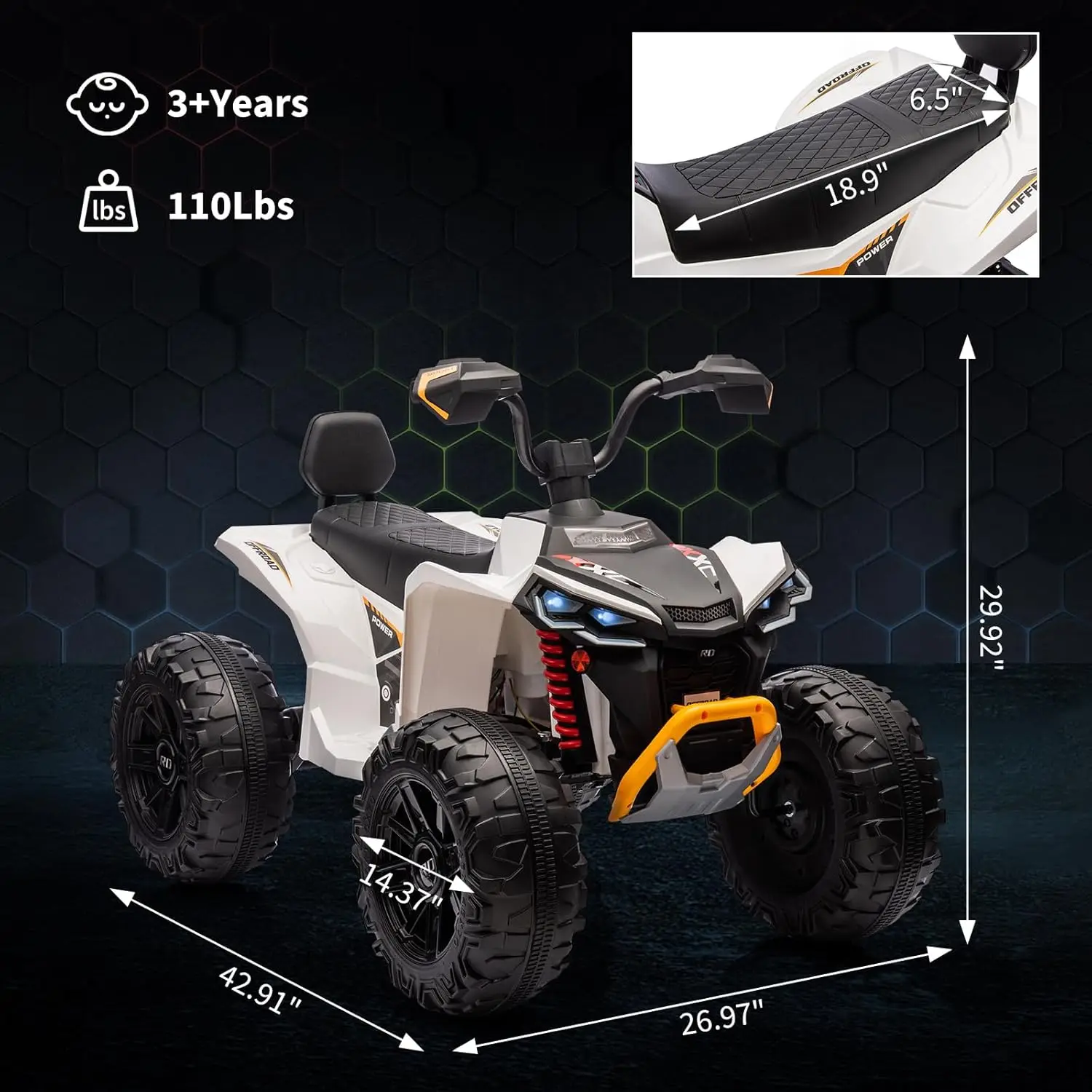 24V Kids Electric ATV Car 2 Seater Ride on Car with Dual 550w Motor Off-Road 4 Wheeler LED Lights Music Player 110 Lb Capacity