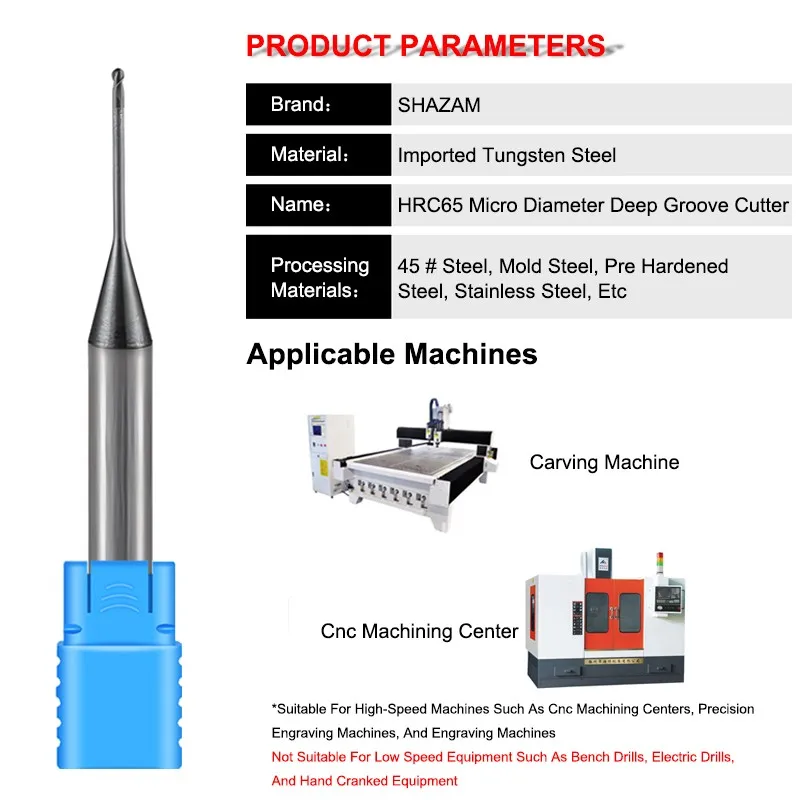 SHAZAM HRC65 2-Flute Deep Groove Micro Diameter Milling Cutter Tungsten Steel Carbide Nano Coating For CNC Machining Endmills