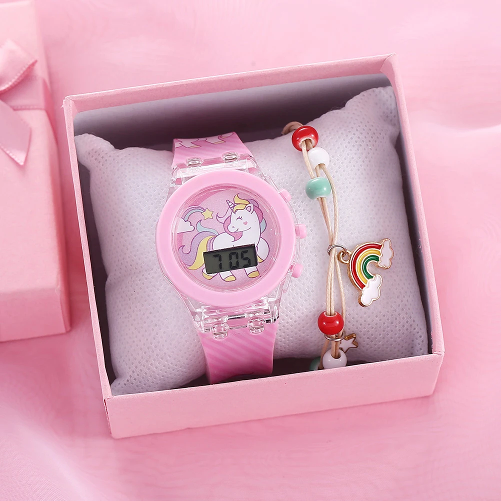 

1 Set Electric Silicone Watch Kids Glow Wrist Cartoon Unicorn Adorable Waterproof Adjustable Children Time Learning Accessory