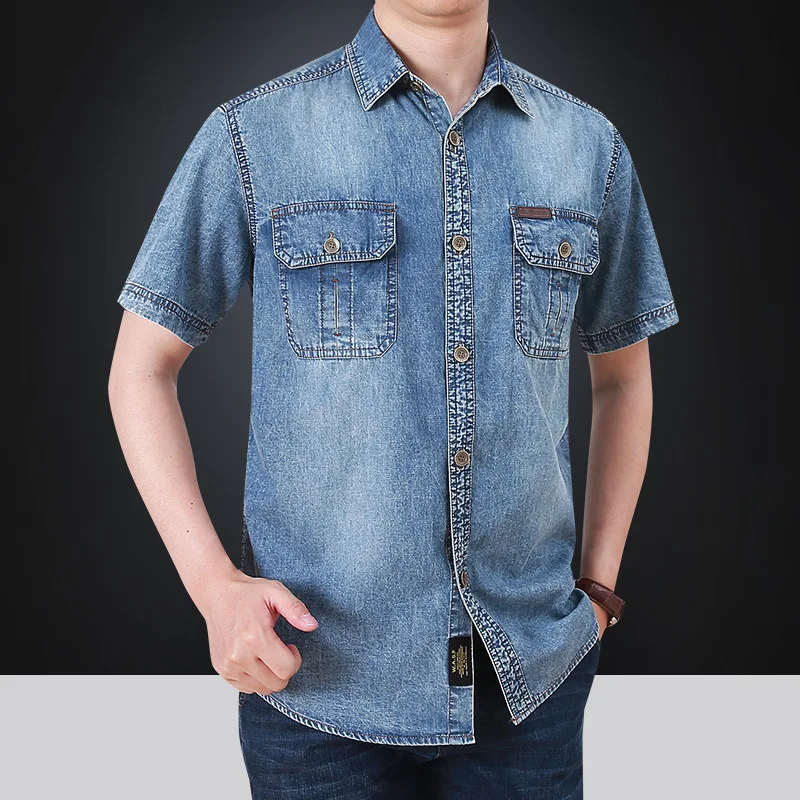 2023 Summer New Simple Polo Collar Men Denim Short Sleeve Shirt Comfortable Thin Mens Top Casual Loose Male Shirts