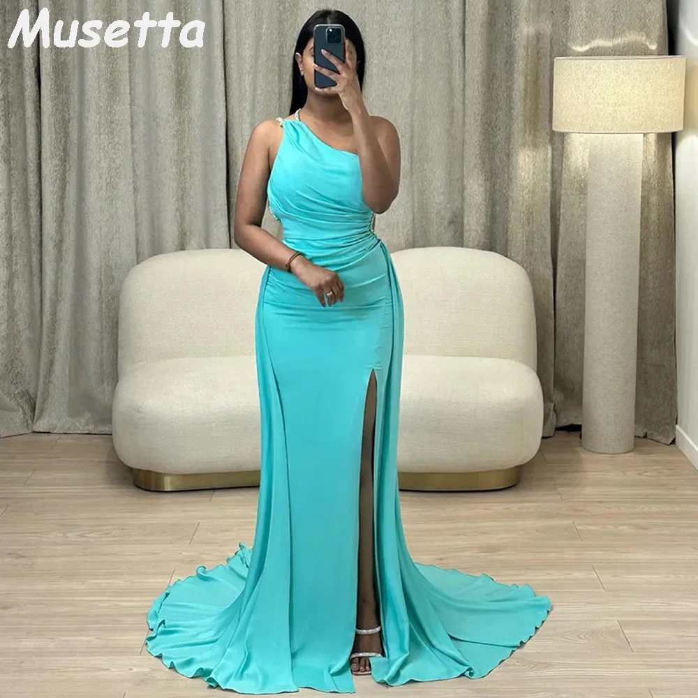 Musetta Blue Mermaid Evening Dresses One Shoulder Side Split Pleat Prom Gown Detachable Train Special Occasion Dress Customized