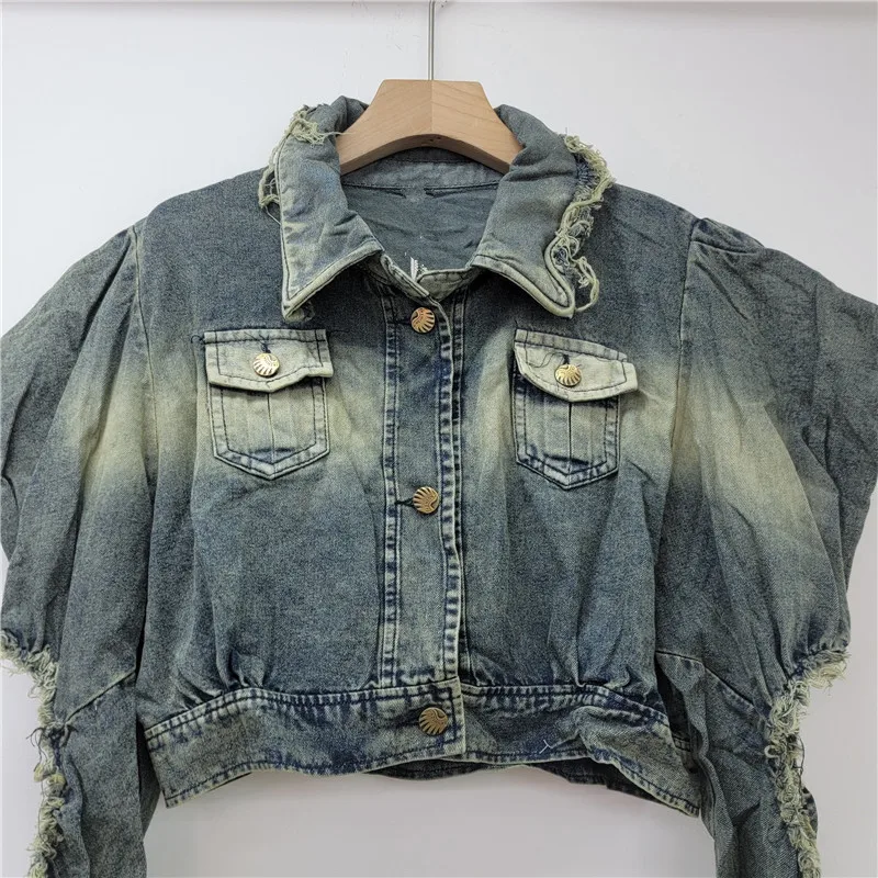 シックな女性用ロングホールバブルスリーブダメージデニムジャケットジーンズコートカウボーイカーディガンハイウエストアウターシングルブレストトップス