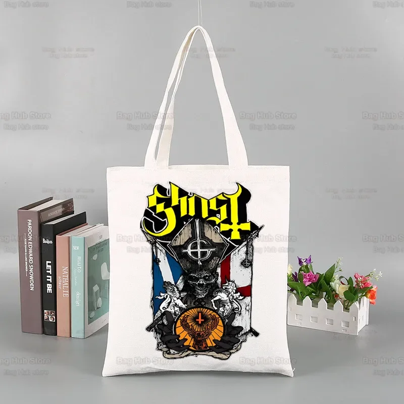 حقيبة Ghost Band Hard Rock Band Tote للجنسين من القماش حقائب تسوق مطبوعة حقيبة كتف كاجوال قابلة للطي #1