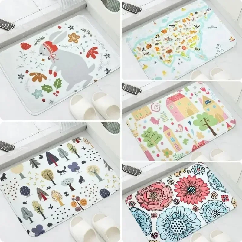 Colorful Flower Print Bath Mat Super Absorbent Bathroom Entrance Decor Carpet Non Slip Washable Footpad Household Bathroom Rug