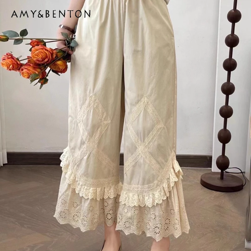 

Forest Sweet Lace Ribbon Double Layer Lace Edge Women's Flared Retro New Embroidered High Waist Wide Leg Nine-point Pants Ladies