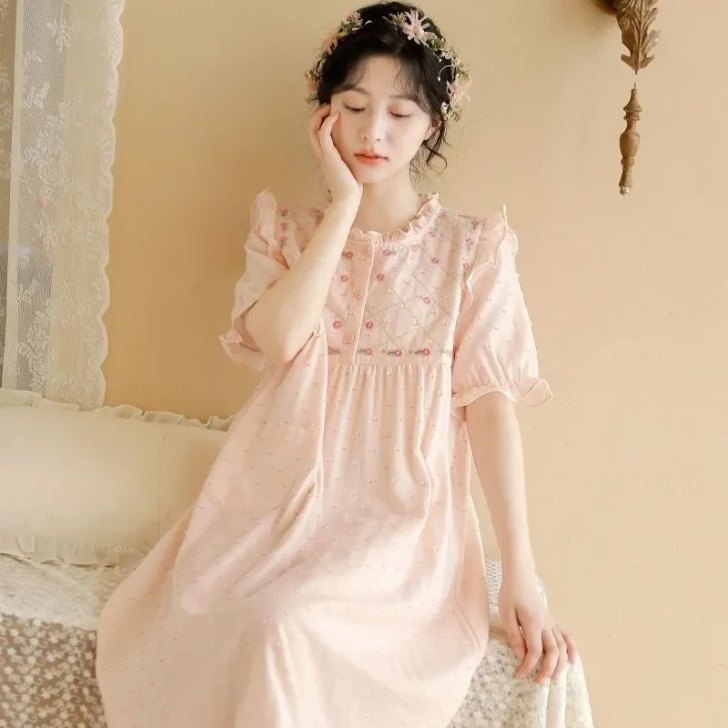 

2024 New Princess Summer Sleepshirts Print Short Sleeves Nightgowns Women's Thin Sweet Cotton Long Nightdress Loungewear Skirt