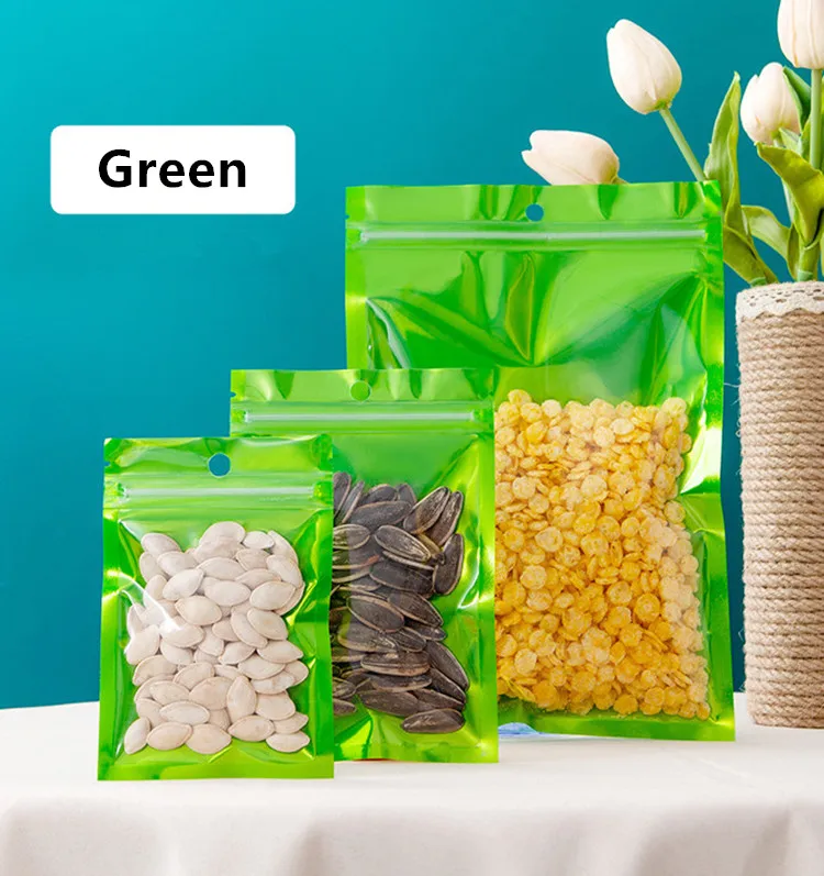 100PCS Flat Glossy Aluminum Foil Ziplock Visible Bag Clear Front Coffee Sugar Snack Chocolate Biscuit Dried Fruits Zip Pouches