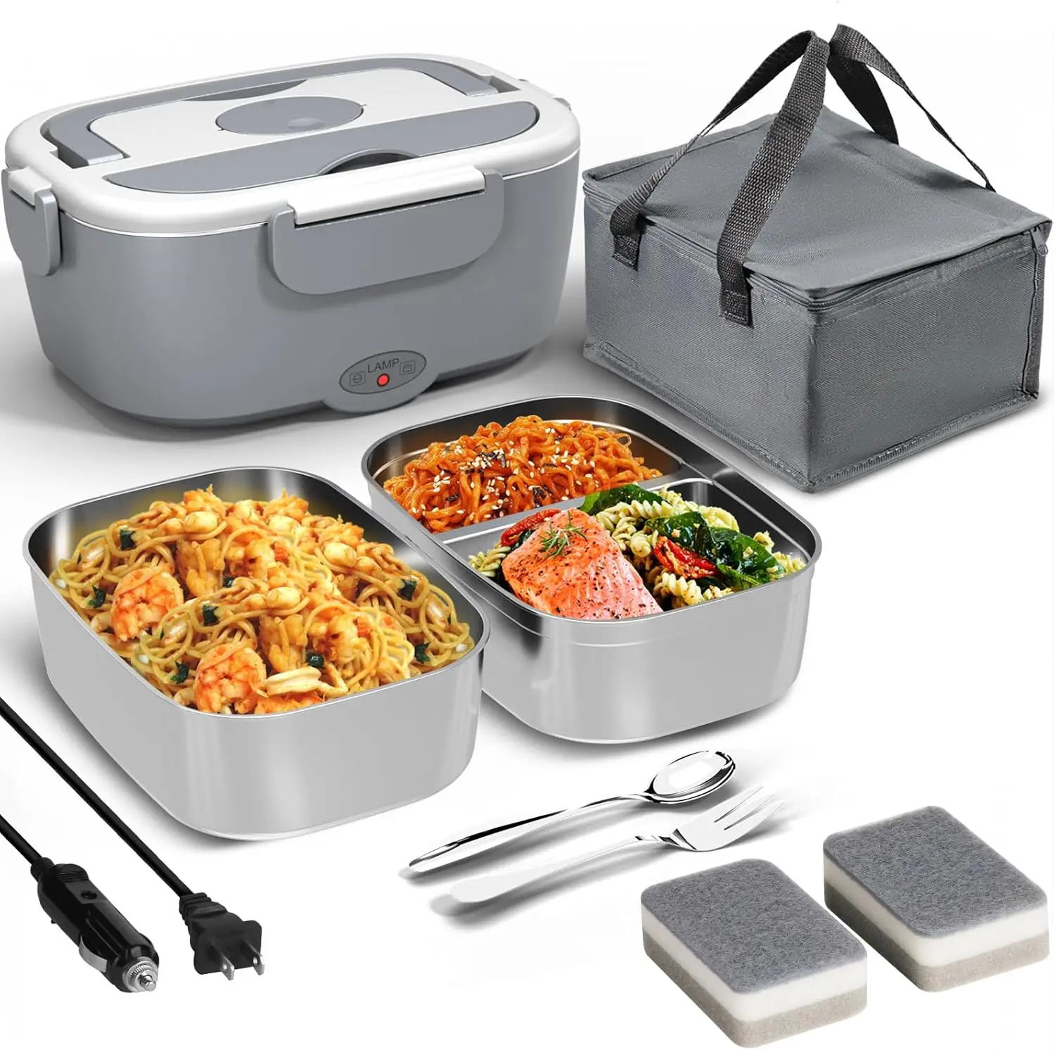 Electric Lunch Box Food Heater for Work, 80 W Food Warmer for Car Truck Travel with 2 Stainless Steel Containers