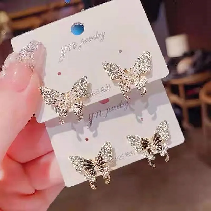 Inlaid Zircon Crystal Silver Colour Butterfly Earrings Women's Personality Fashion Earrings Wedding Jewelry Birthday Gifts