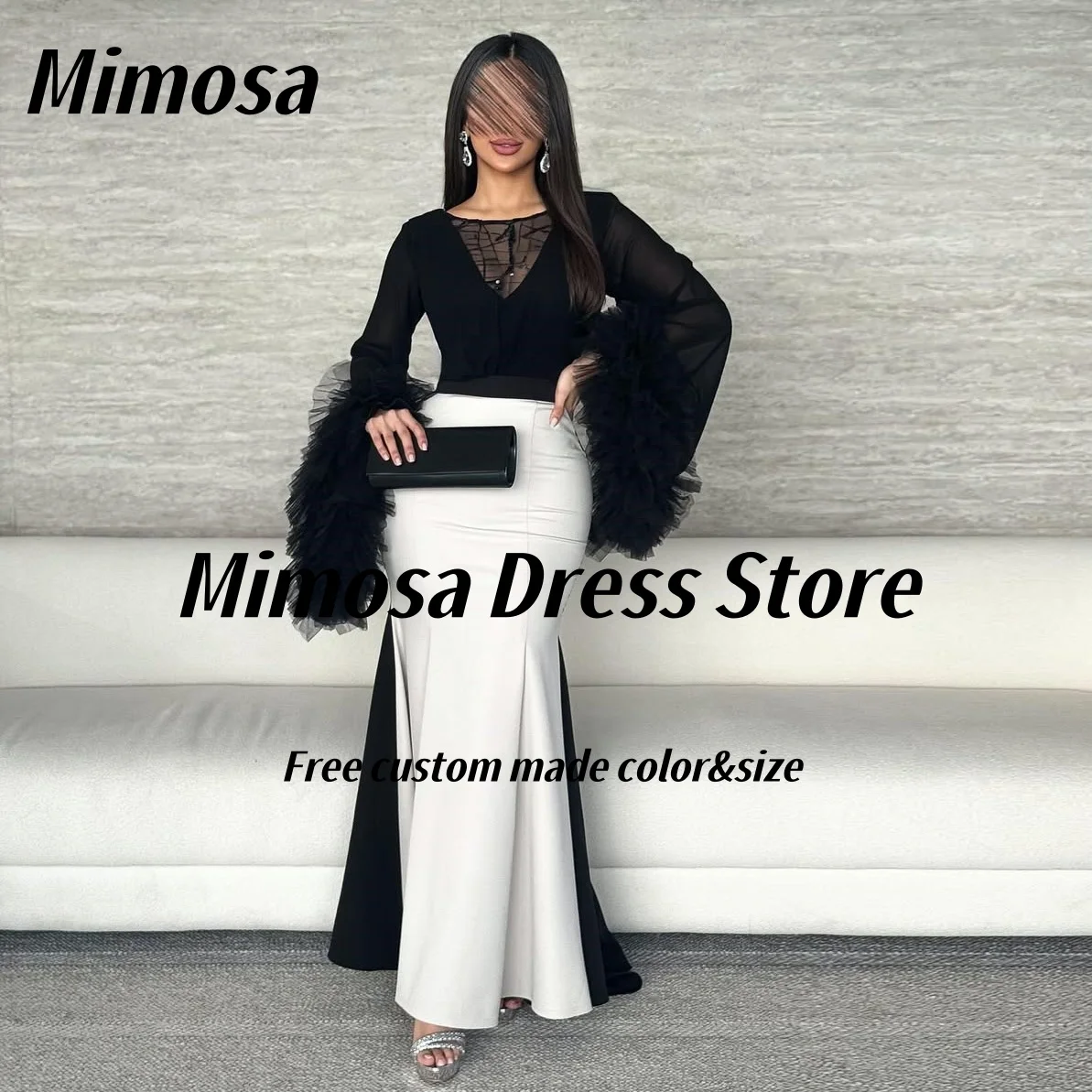

Mimosa Black&White Prom Dresses 2025 Ruffles Tulle Long Sleeves Evening Gowns Saudi Arabia Women Special Party Dress Customized