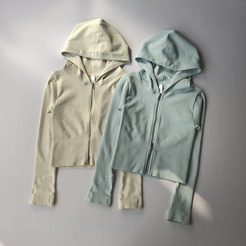 Doppelkapuzen-Sportjacke mit enganliegender Passform für Damen, Lauf-, Trainings- und Yoga-Anzug, langärmelige Reißverschluss-Strickjacke, Pilates-Oberteil. – Detail 13