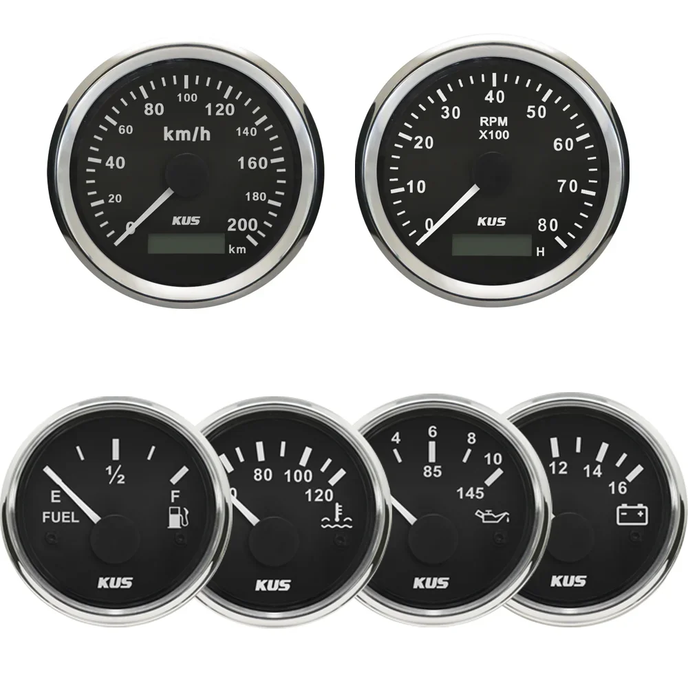 KUS 52mm Water Temp Oil Pressure Fuel Level Voltage Meter 85mm GPS Speedometer Tachometer with Red Yellow Backlight for Car Ship