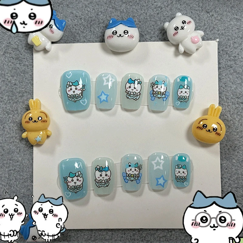 

Kawaii Chiikawa Handmade Press On Nails Cute Hachiware Cartoon Print Fake Nails For Girls Teens Daily Wear Accessory Gift