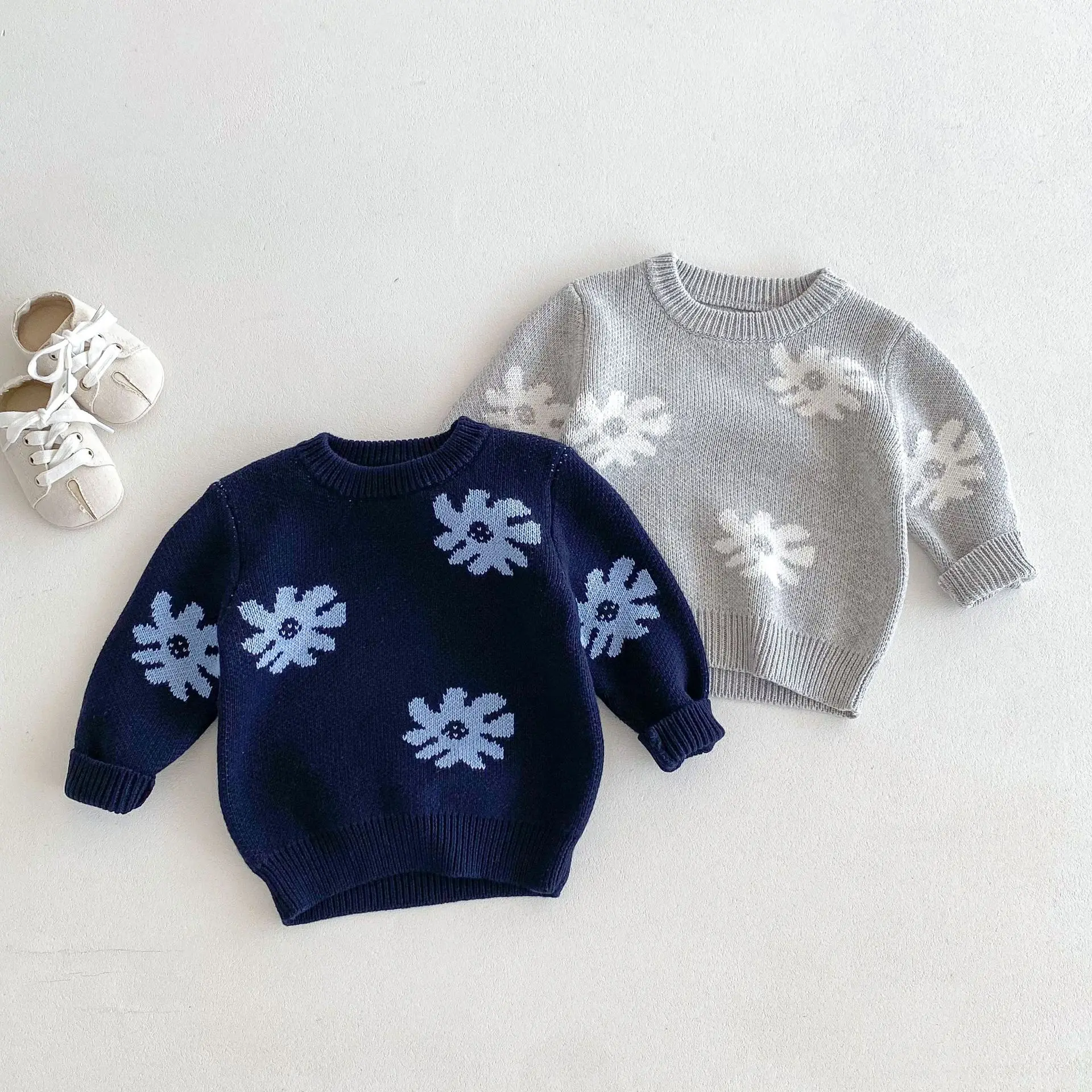 

2024 Autumn New Children Pullover Sweater Cotton Boys Girls Flower Knitwear Toddler Baby Casual Knitted Warm Tops Kids Clothes