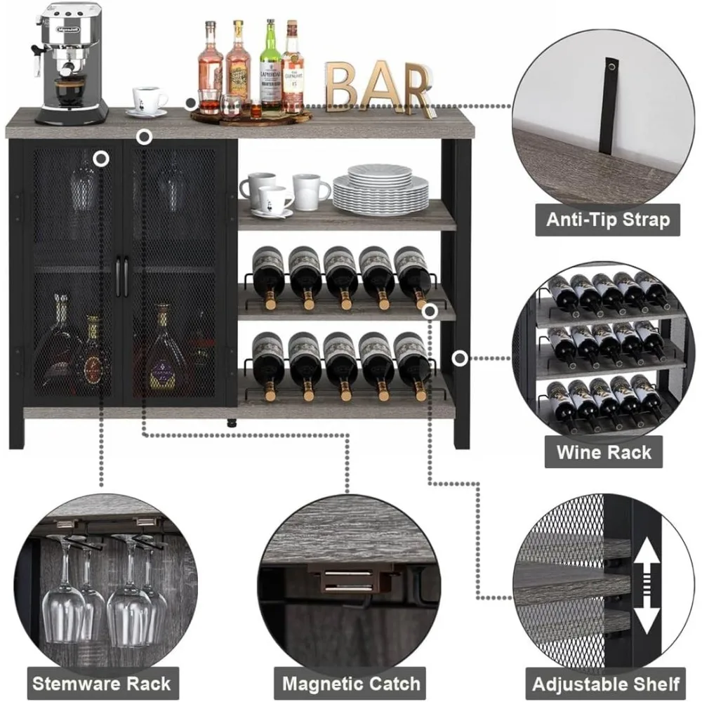 BON AUGURE Industrial Home Bar Cabinet with Wine Rack, Rustic Liquor Cabinet Bar for Home, Coffee Bar Cabinet with Storage