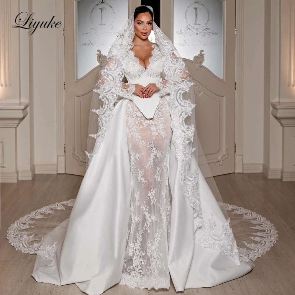 

Свадебные платья Liyuke класса люкс, изготовленные на заказ, 3 в 1: V-образный вырез, фасон «русалка», кружевные, с длинными рукавами, фасон «труба»