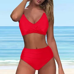 Sexy Bikini 2024 Pleated Bandeau Swimsuit Vintage High Waist Two Piece Retro Ruched Solid Swimwear Brazil Bathing Suit