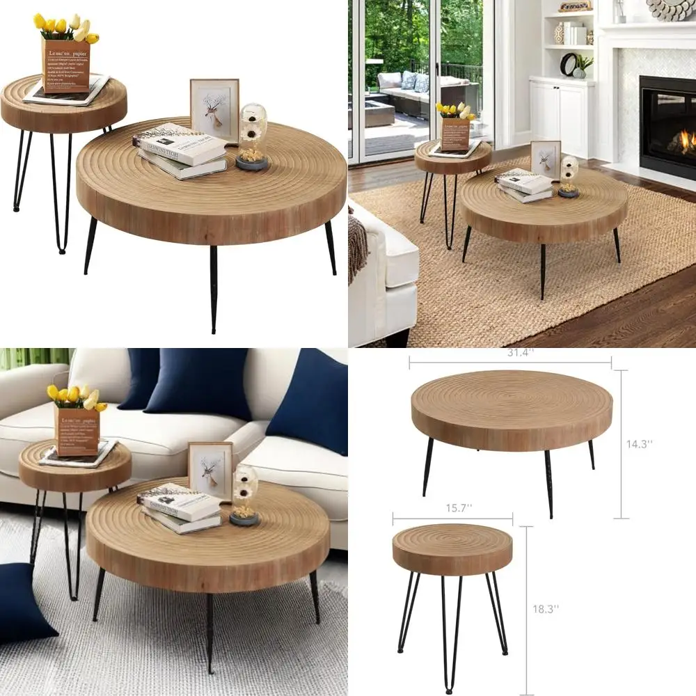Modern Circle Natural Wood Finish Coffee and End Table Set for Rustic Farmhouse Style
