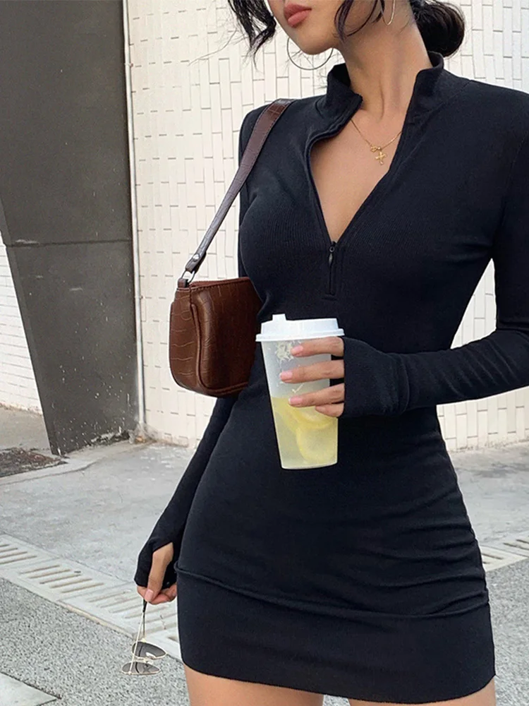 Autumn winter stretch Slim Soft Ribbed Knitted turtleneck dress woman 2024 fashion solid black casual bodycon Zip dress