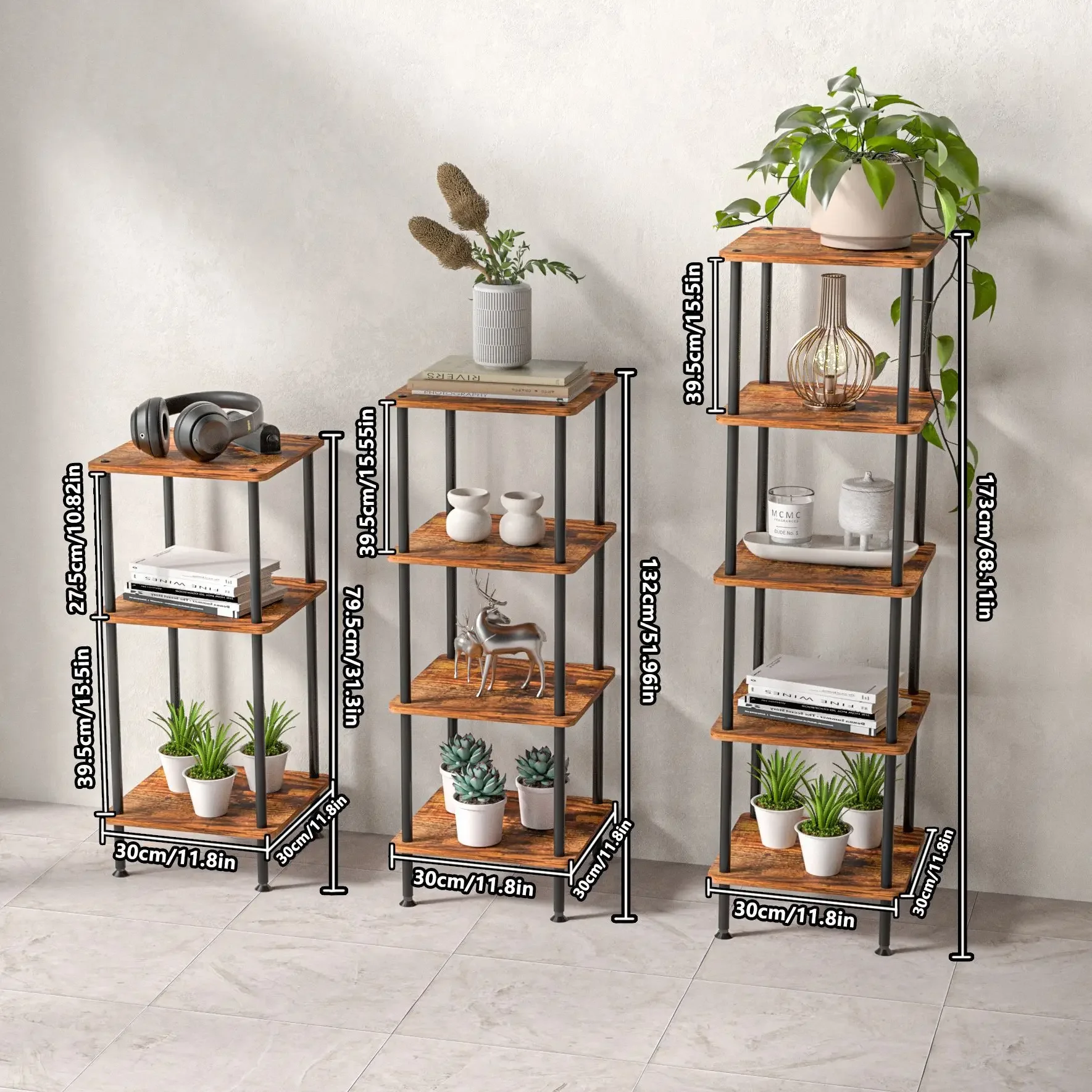 Cross-border multi-layer wrought iron flower stand square indoor living room iron wood flower pot stand simple courtyard balcony