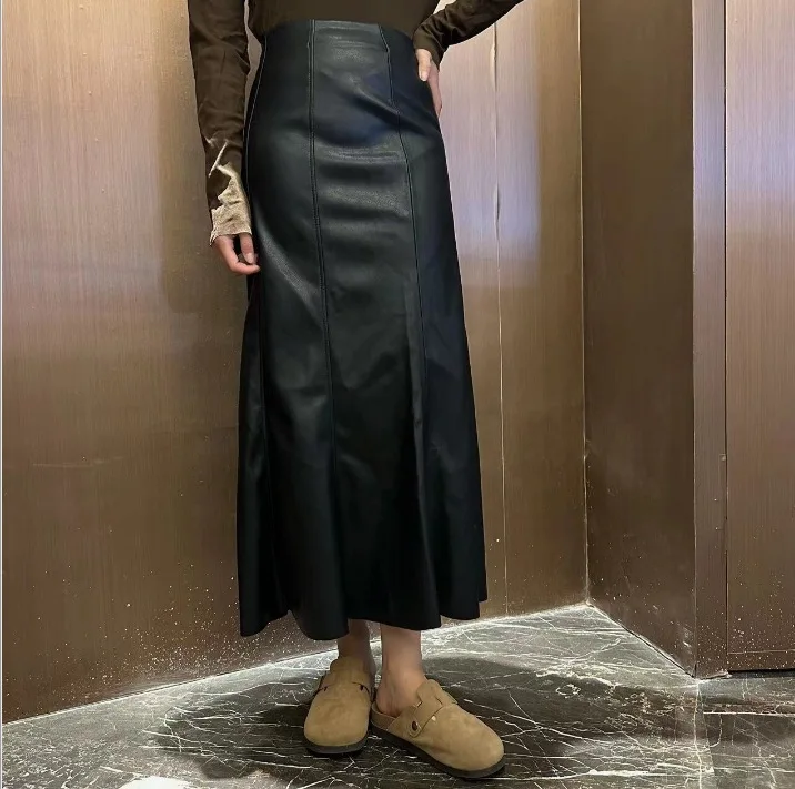 

2025 Autumn/Winter Fishtail Leather Skirt, Long Elegant Back Zipper Bodycon Fishtail Skirt