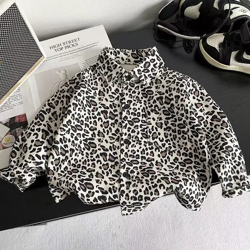 

Boys' Spring and Autumn Long Sleeved Shirt Jacket for 2025 New Style Handsome Children's Leopard Print Shirt Top Kids Clothing