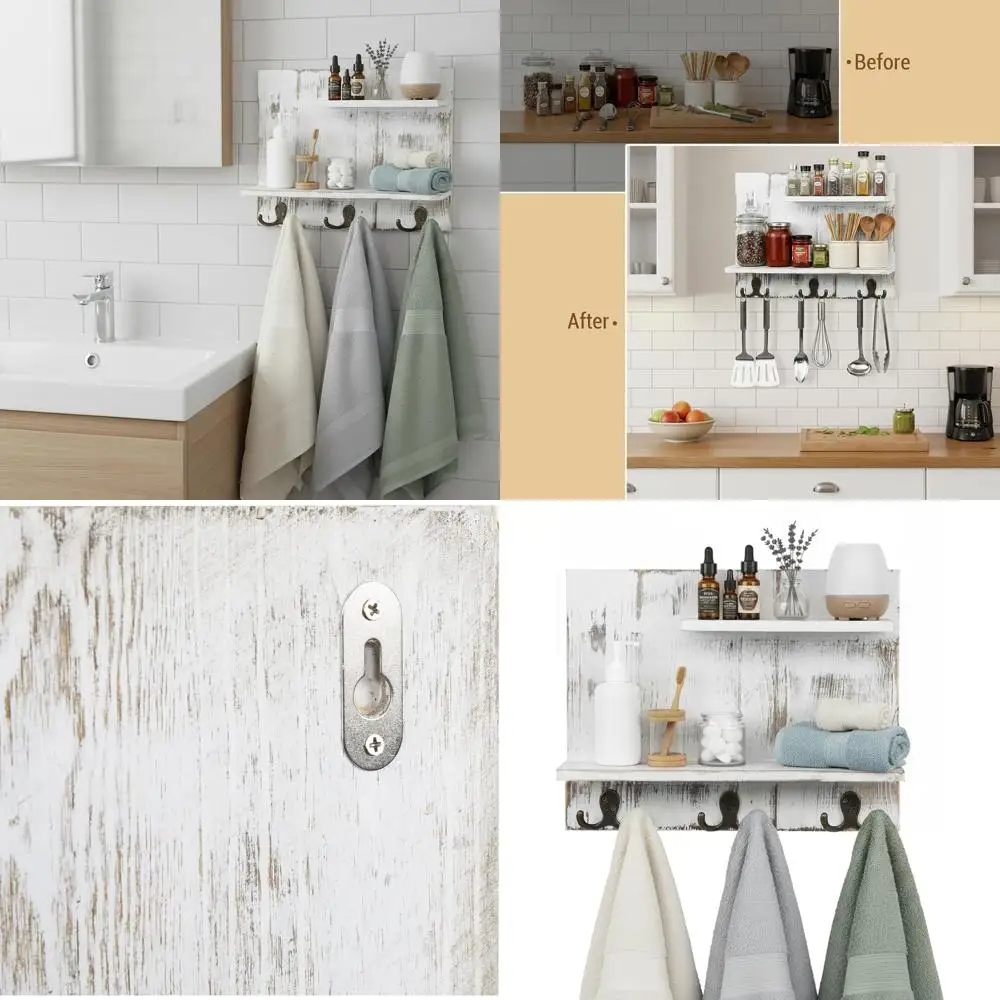 

2-Tier Whitewashed Wooden Wall Shelf for Bathroom & Entryway with 6 Hooks for Towels and Decorative Storage