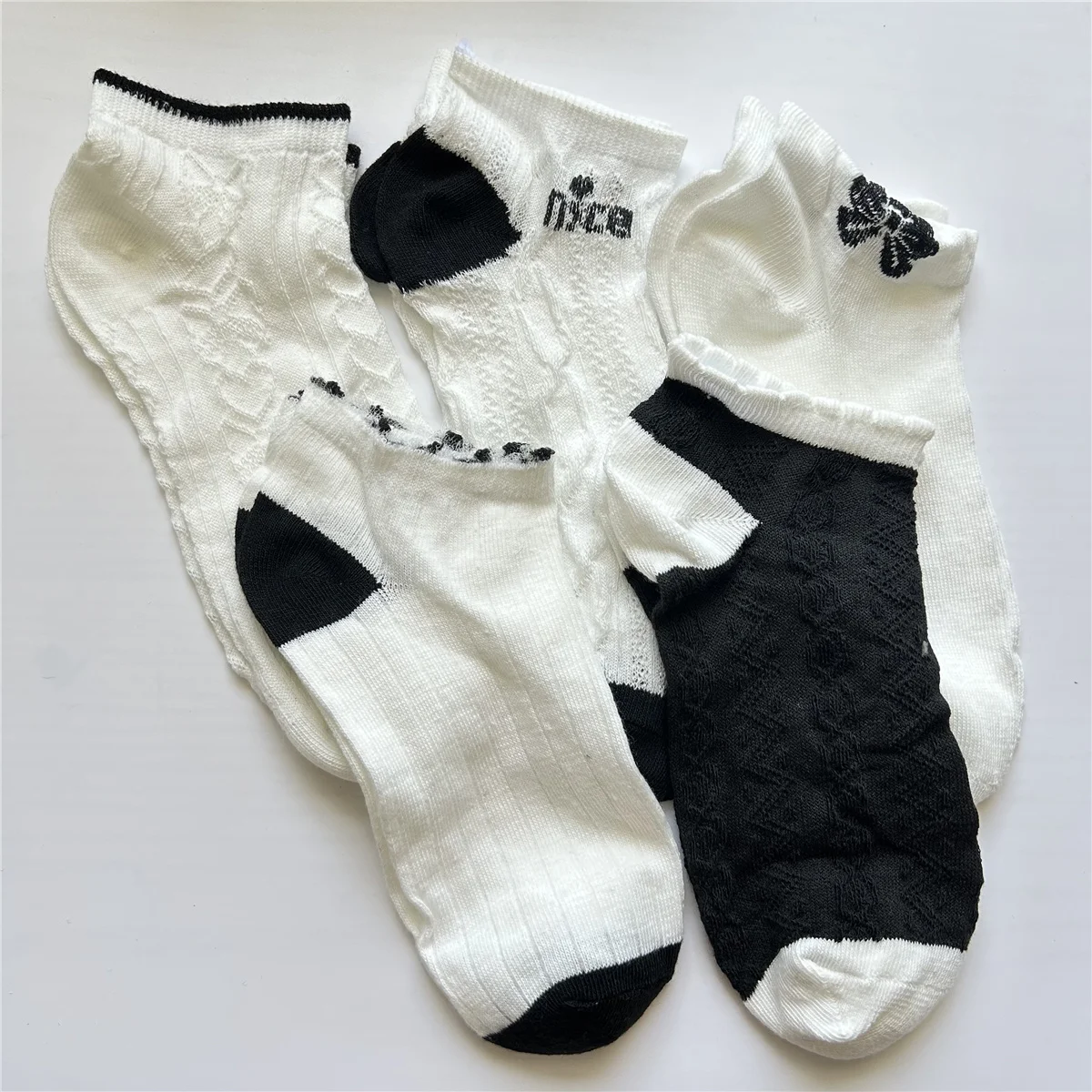 5pairs Women's Short Socks, Japanese & Korean Style Breathable White Mesh Lace Socks, Summer Butterfly Boat Socks