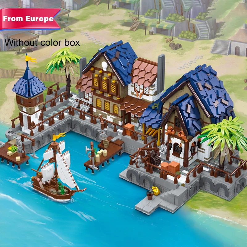 Europe Modular Buildings MOC 89152 Medieval Ship Harbor Port Model 2979PCS Building Blocks Brick Puzzle Toys Kids for Gift