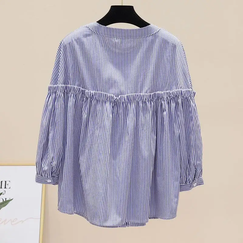 Korean Style Fashionable Casual Stand Collar Striped Versatile Slim Nine-point Sleeve Shirt Top