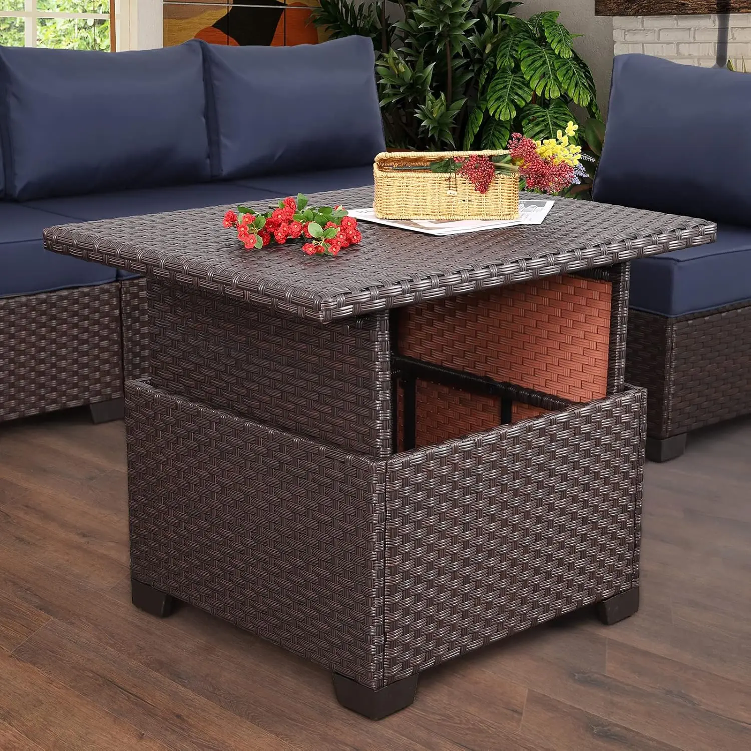 Patio Rattan Coffee Table with Hidden Storage, Wicker Liftable Dinning Table, Versatile Piece of Outdoor Furniture, Brown