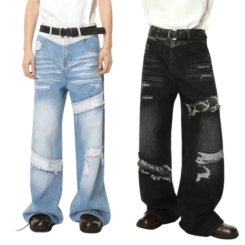 الربيع / الخريف الرجال الموضة الاتجاه المتخصصة الشارع الربط منتصف الخصر شخصية مهترئة خمر الصناعة الثقيلة الجينز المألوف