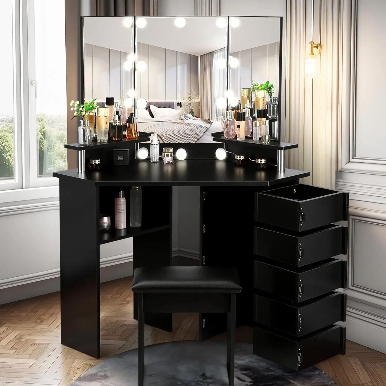 

Vanity with Lights - Makeup Vanity Desk with 3 Color Lighting Modes Adjustable Brightness, Vanity Table with 5 Rotating Drawers