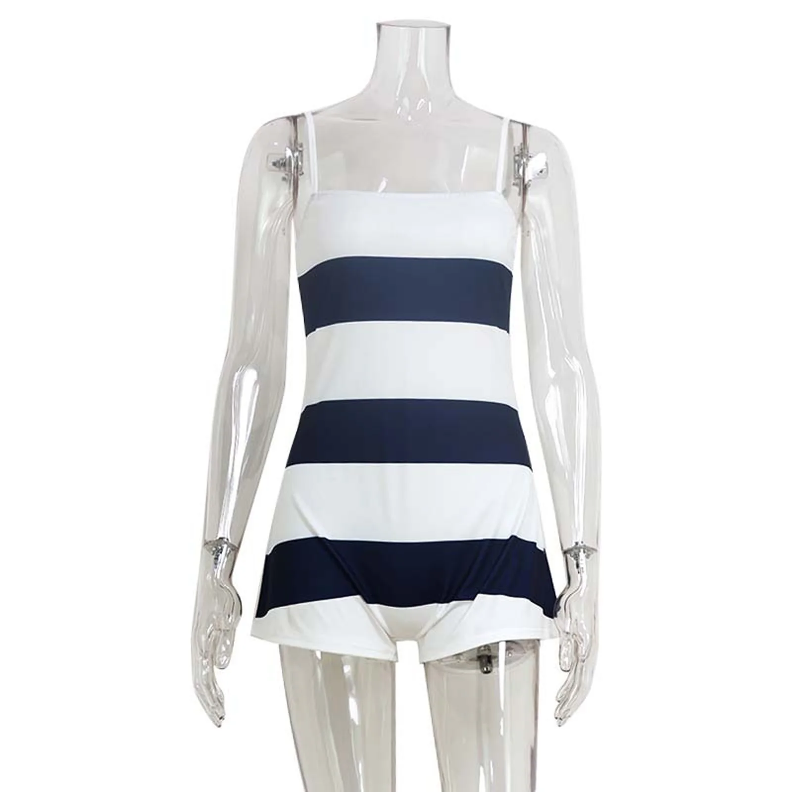 Navy White Striped Romper For Women Summer Nautical Spaghetti Strap Square Neck Back Zip Bodycon Ruffle Hem Playsuit view 5