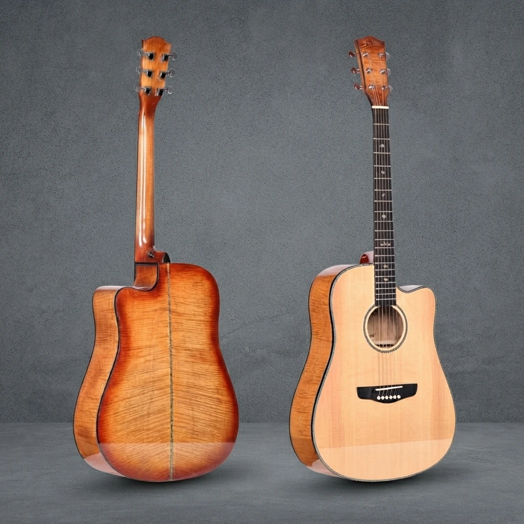 Cross Inlay Acoustic Guitar, 6 Strings, Glossy Flame Pattern, Cutaway, Light Top, Chrome Tuners, Slim Neck for Daily Practice