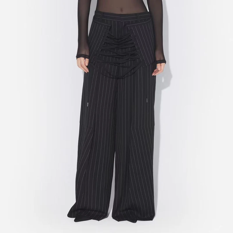 

Женские брюки в полоску с поясом, широкие брюки приталенного кроя, высококачественные шерстяные брюки, осень, новый фасон, 2025г.