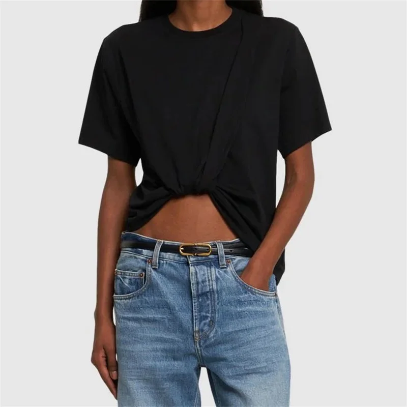 T-shirts 2024 Spring New Folded Slim Asymmetric Short sleeved Top Elastic knitted round neck pullover y2k crop top free shipping