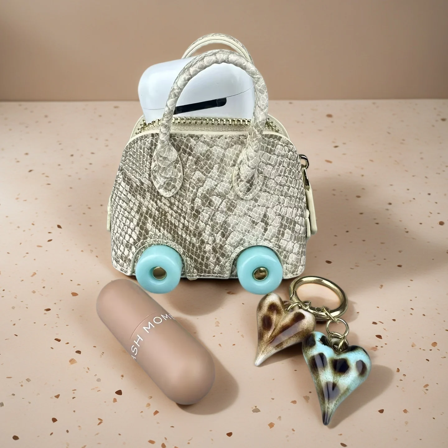 Cute Mini PU Leather Tire Bag Pendant – 2-in-1 Earphone Case & Bag Charm with Snake-Embossed Finish-Fun Fashion Accessory-Gift