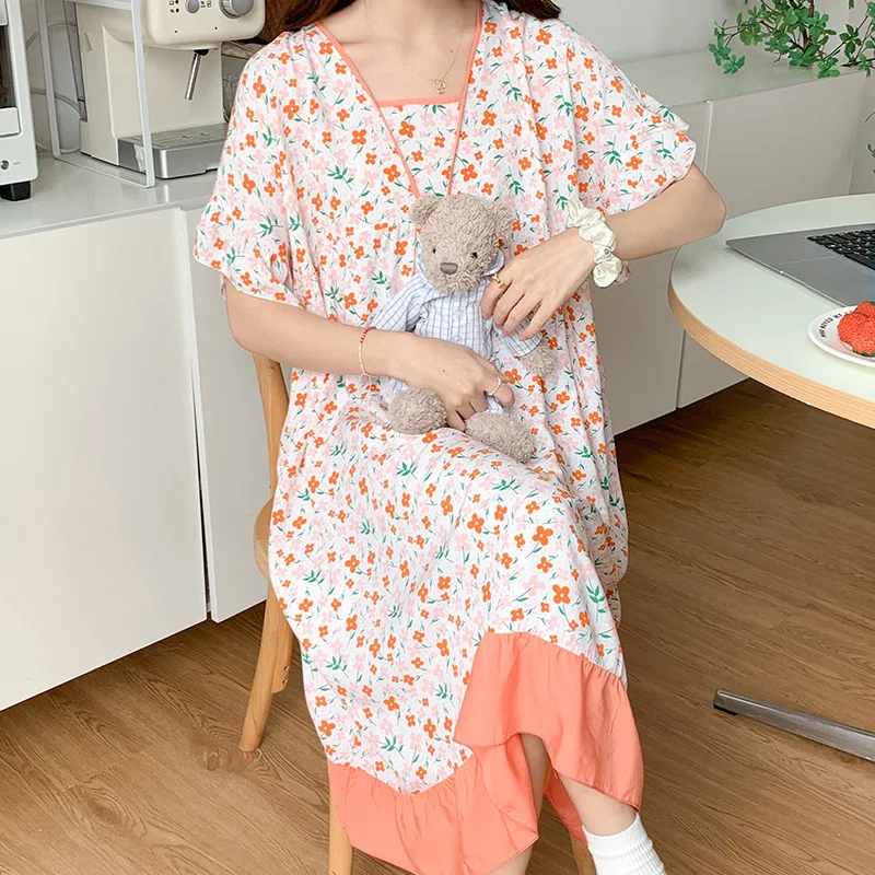 Female Home Furnishing Clothing Sweet U-neck Pajamas Short Sleeve Dress Colorful Printed Cotton Silk Sleeping Skirt for Women