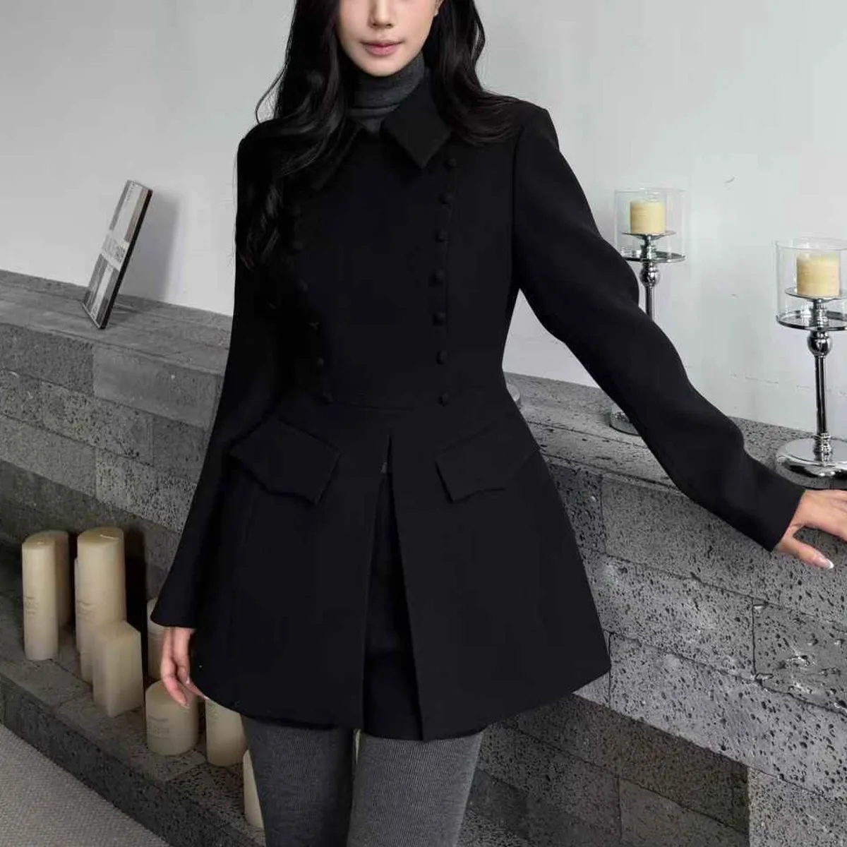 BJJTZ Trench Coat feminino de inverno 2025, jaqueta elegante com gola entalhada de designer de alta qualidade, quente e confortável