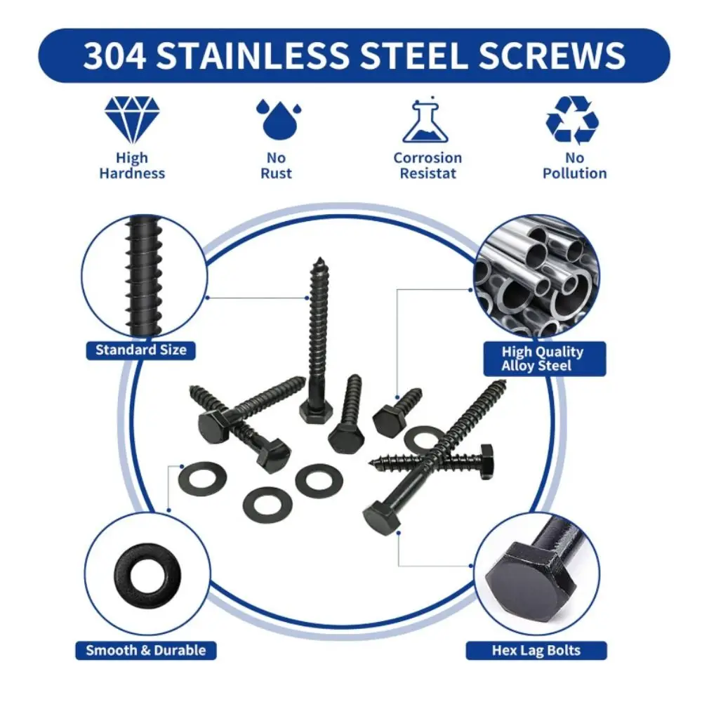 

155pcs/box Black Finish 304 Stainless Steel Wood Screws High-Quality Material Flat Washers Self-Tapping Screws Clear Plastic Box