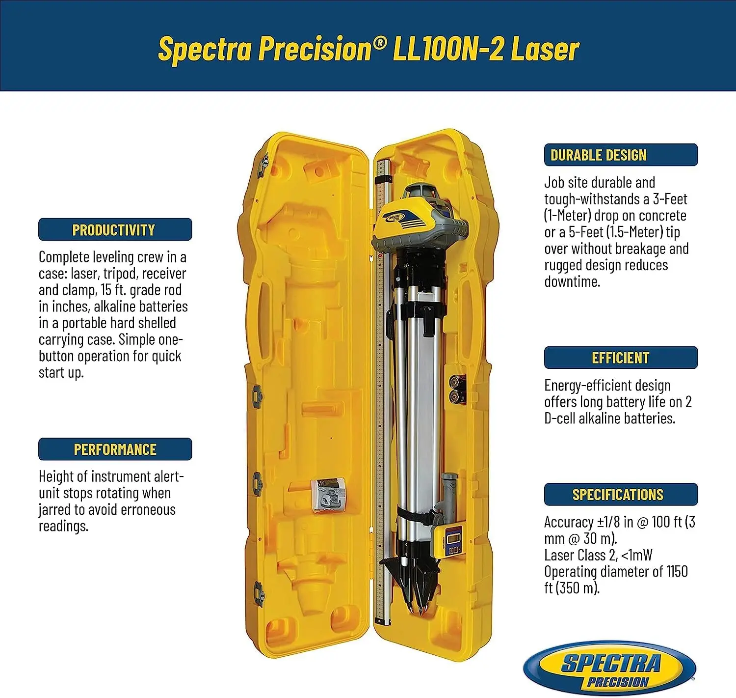 LL100N-2 Laser Level Kit with HR320 Receiver and Clamp, 15' Grade Rod (Inches), Tripod, and System Case , Yellow