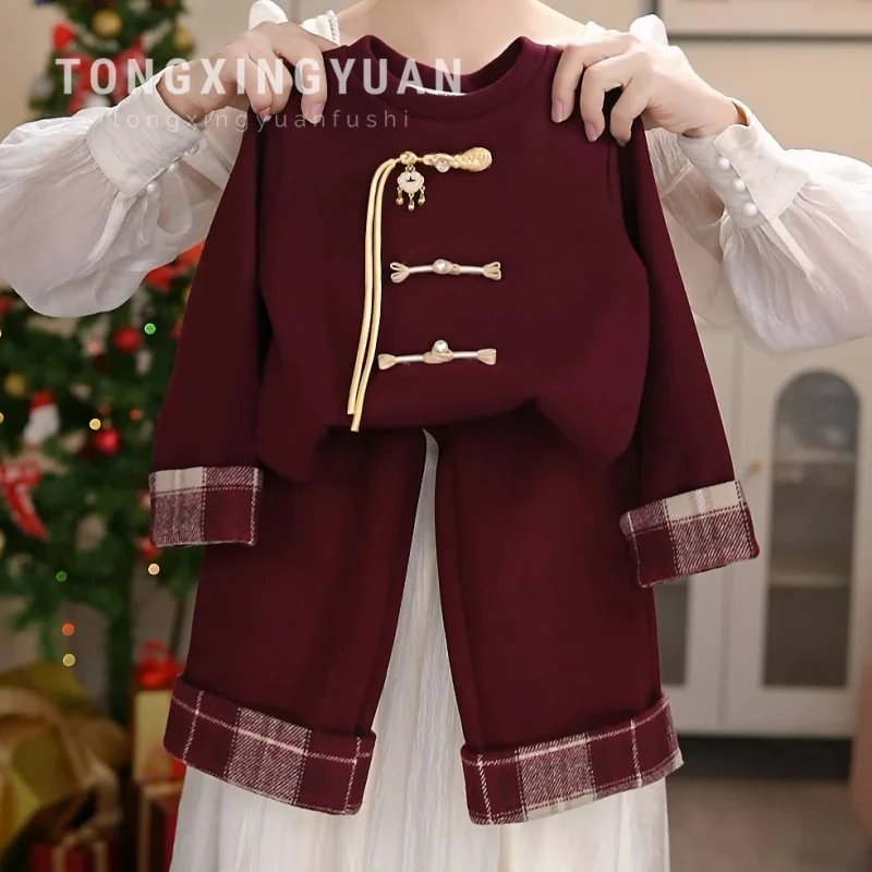 

Girls' Winter New Year Outfit New Chinese Style Fleece-Lined Top Thickened Baby Girl Stylish Plaid Skirt Set Trendy