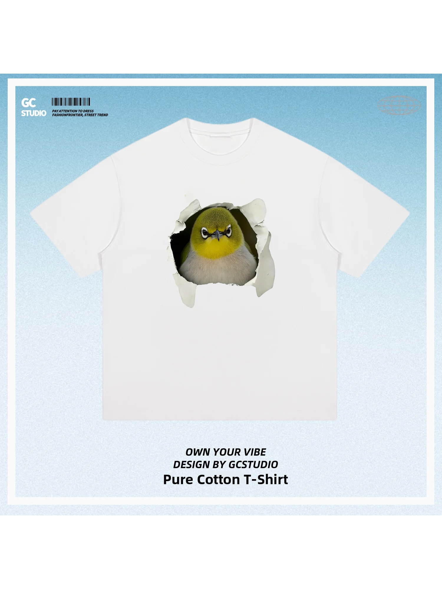Couples Cotton T-Shirt Breathable Short Sleeve round Neck Hole Punching Eye Bird Print Fun Leisure Loose Fit Spring Summer