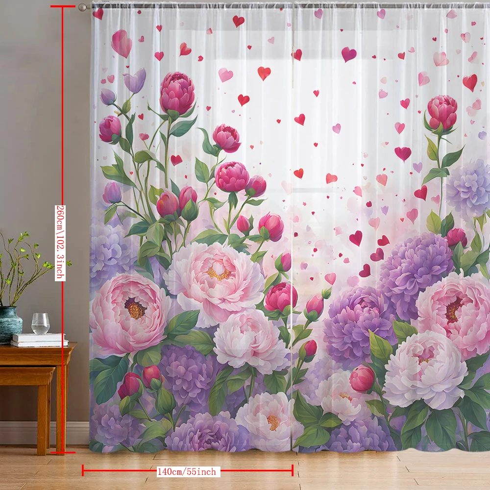 2PCS Home decoration red and purple floral printed window screens with pole bags, suitable for kitchens, cafes, and living rooms