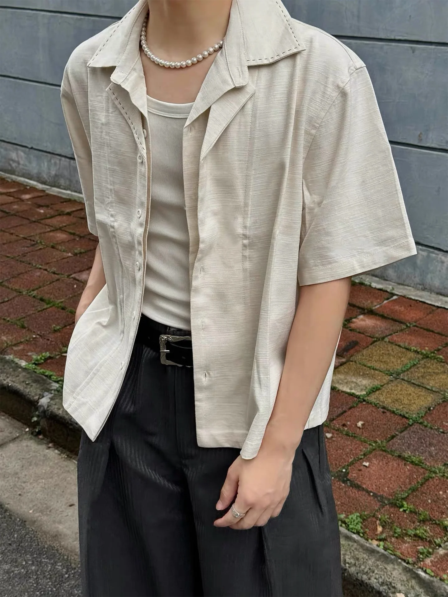 Summer Casual Loose Linen Short Sleeve Shirt Men's American Style Fake Two-Piece Hand Sewn Line Shirt Breathable Comfortable