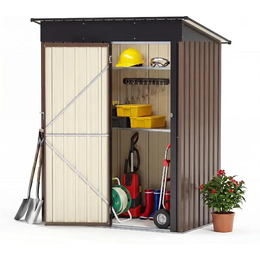 Outdoor Storage Shed for Backyard and Patio Use, Galvanized Steel Construction, Brown Color, Lockable Door with Air Vent and Sl