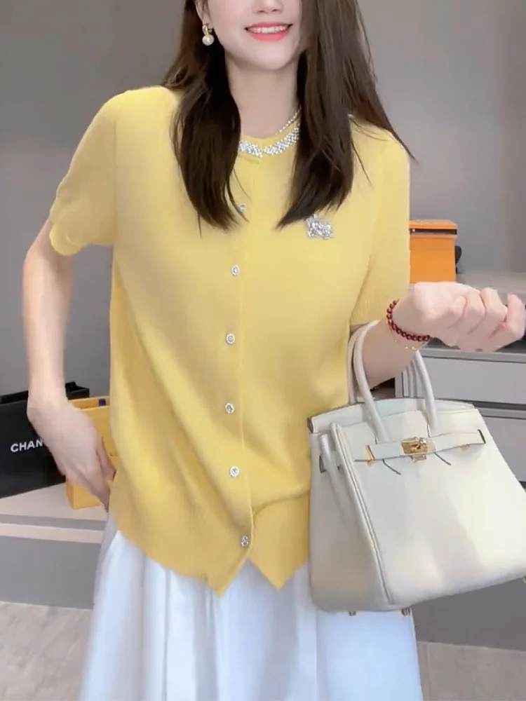 

Faionable Summer Open Cardigan Large Size Loose Diamond Embedded ort Sve Sli Slimming Korean Sle Workwear