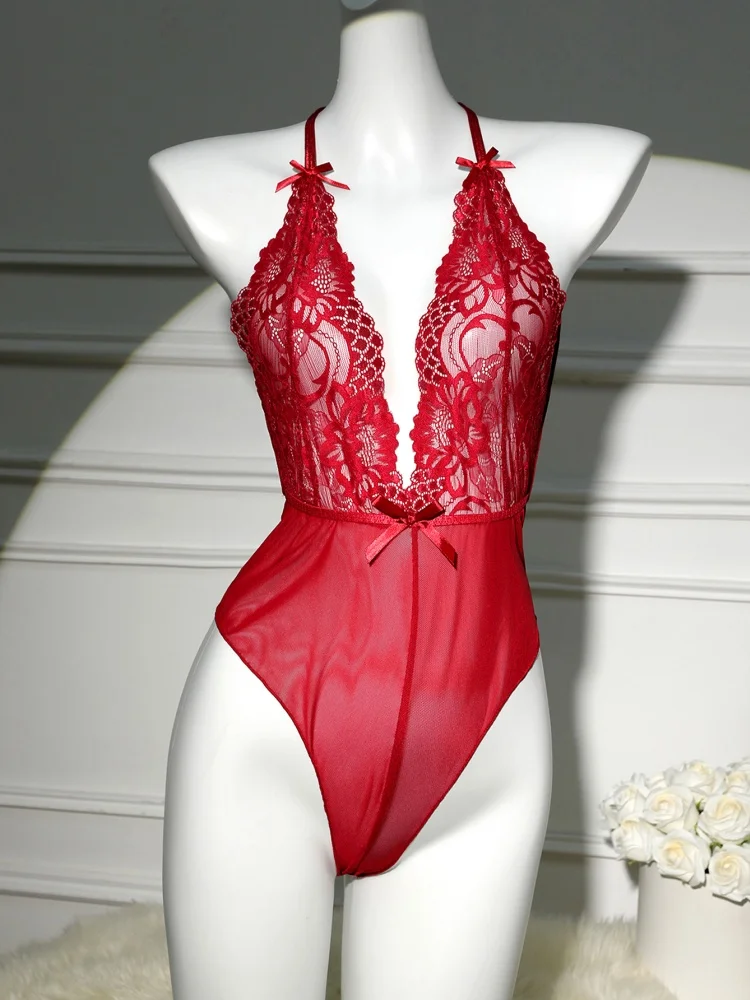 

Сексуальное красное тонкое нижнее белье с открытой спиной и вырезами, прозрачное полое боди с волшебным кружевом, женское эротическое нижнее белье с глубоким V-образным вырезом Babydoll, Тедди