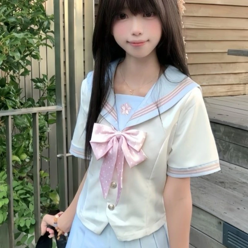 Light Blue Authentic JK Sailor Uniform Sweet Basic Style Preppy Style School Uniform Short Skirt Set Cute Female Student.